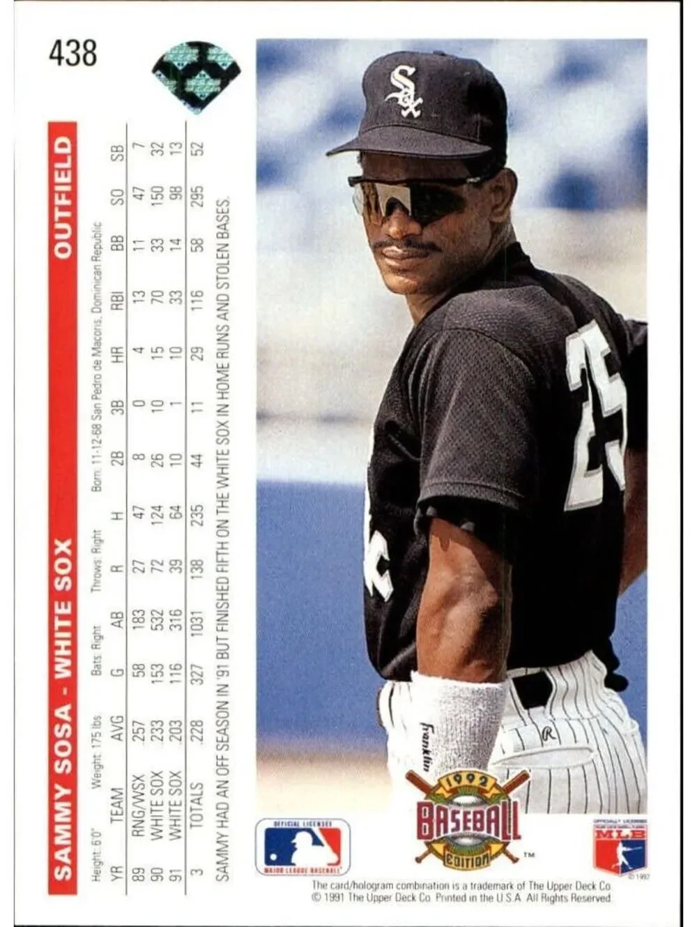 Sammy Sosa 1992 Upper Deck MLB #438 Baseball Card Chicago White Sox